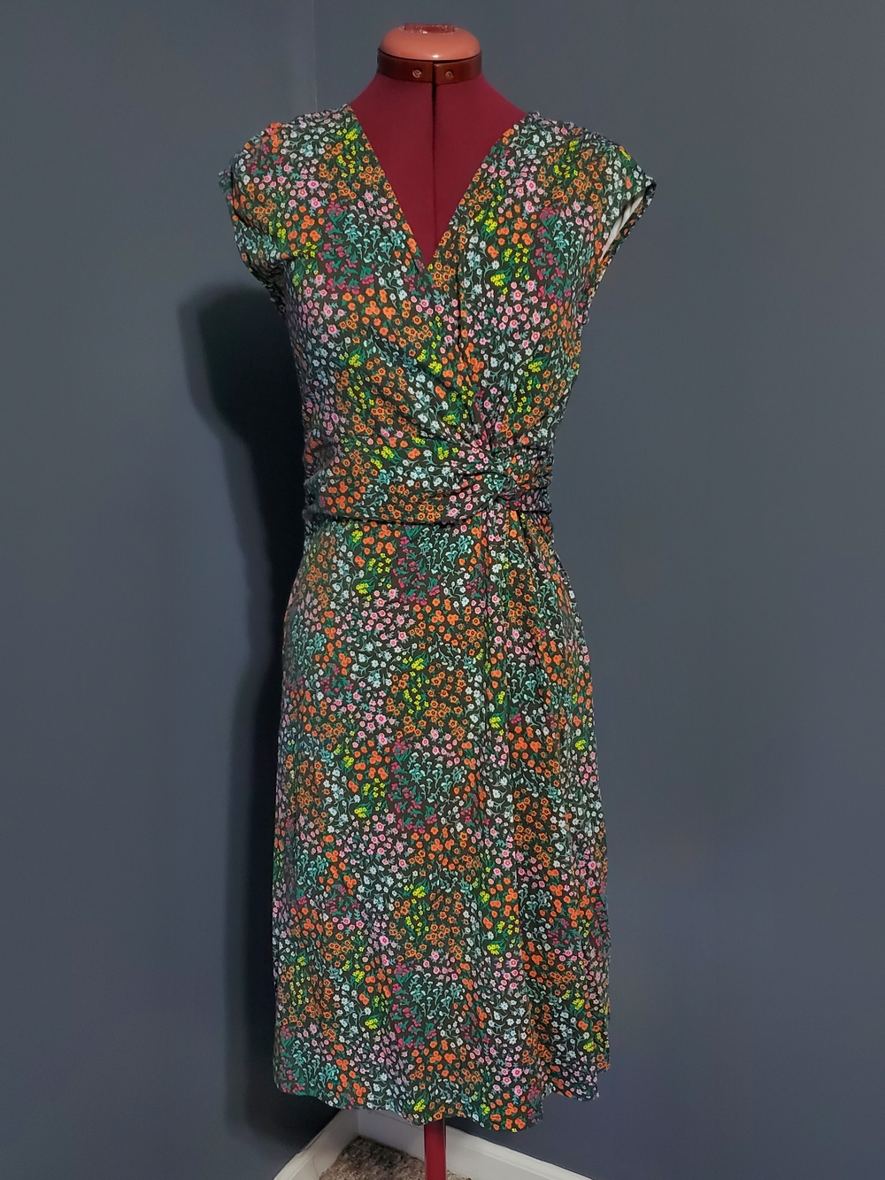 Lands' End Brown Green Floral Wrap Midi Dress Women's Size Small